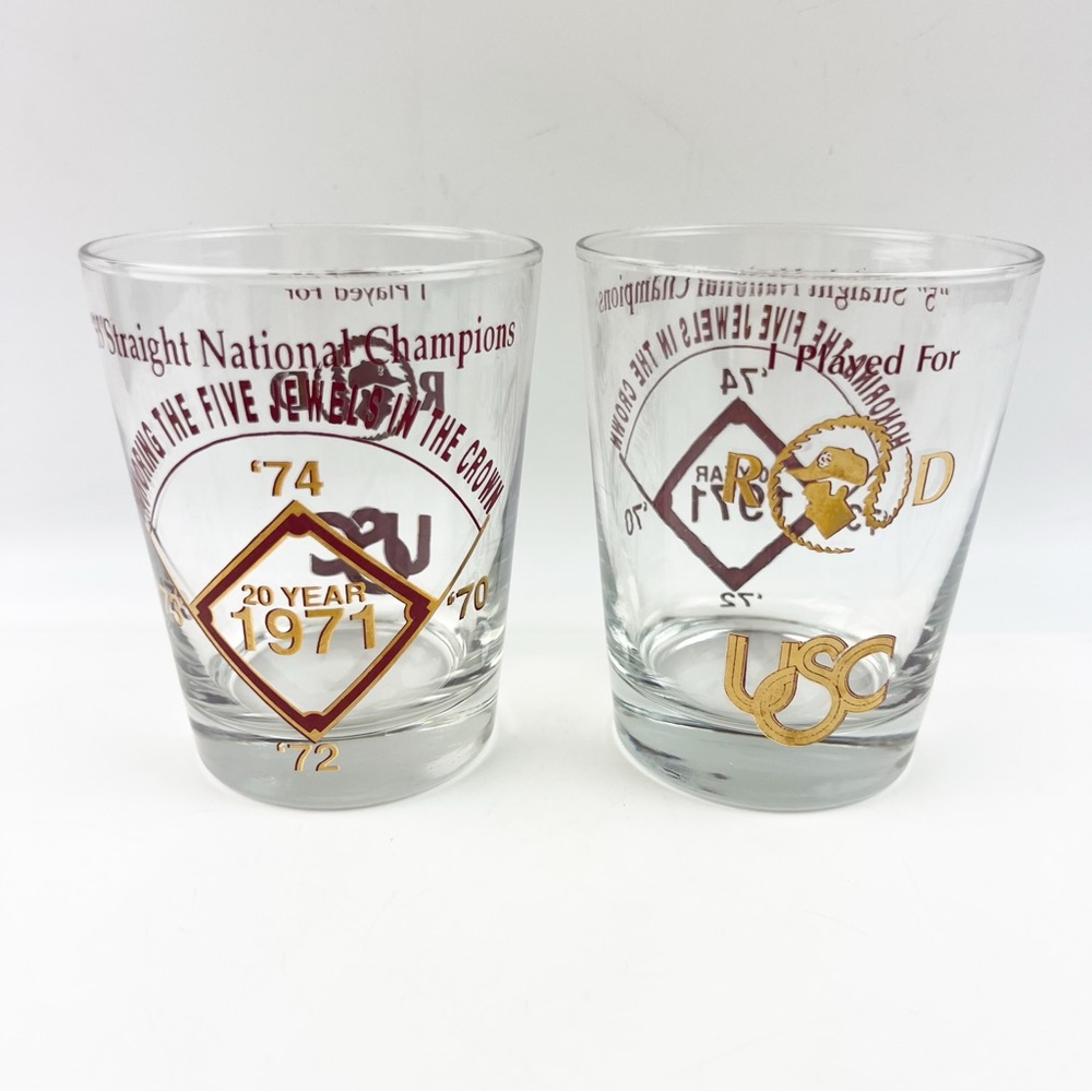 TWO Vintage USC Trojans Baseball Rod Dedeaux Drinking Cocktail Glass NCAA 4.5”
